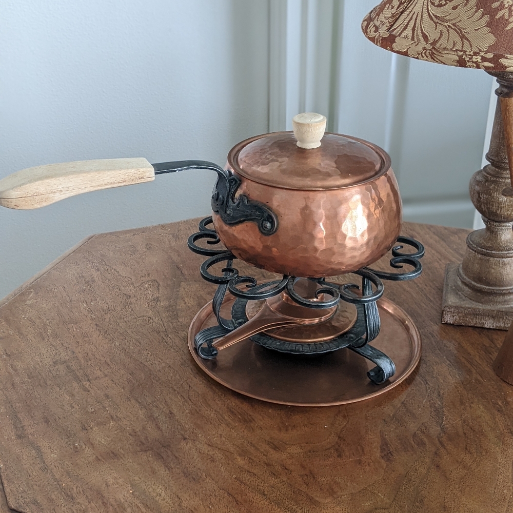 MID CENTURY SWISS MADE COPPER SAUCEPAN ON STAND/fondue set, saucepan with - Picture 12 of 12
